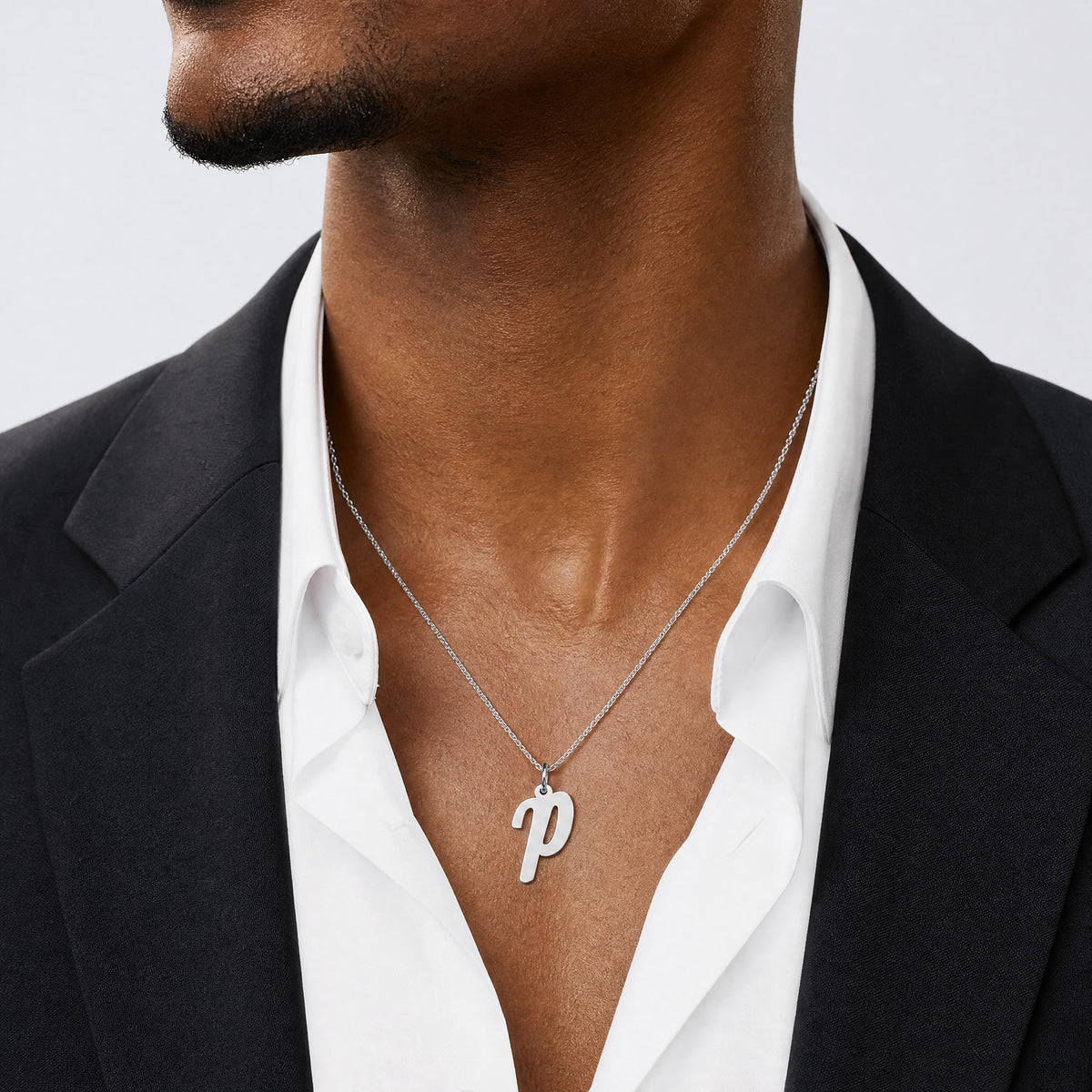 14k White Gold Medium Script Letter P Initial Charm - Model Shot