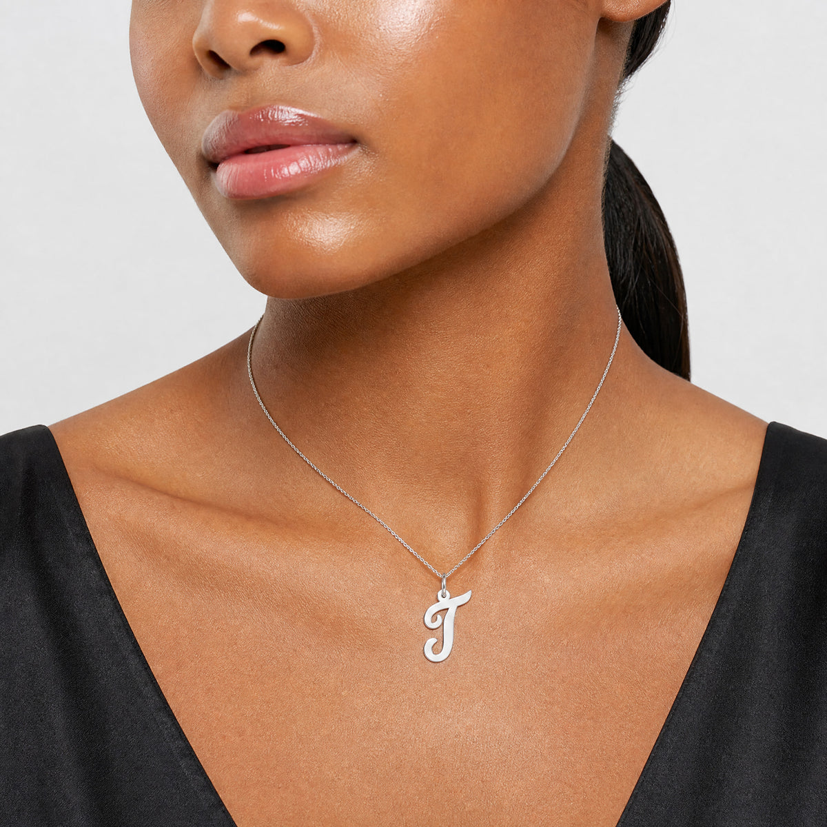 14k White Gold Medium Script Letter T Initial Charm - Model Shot