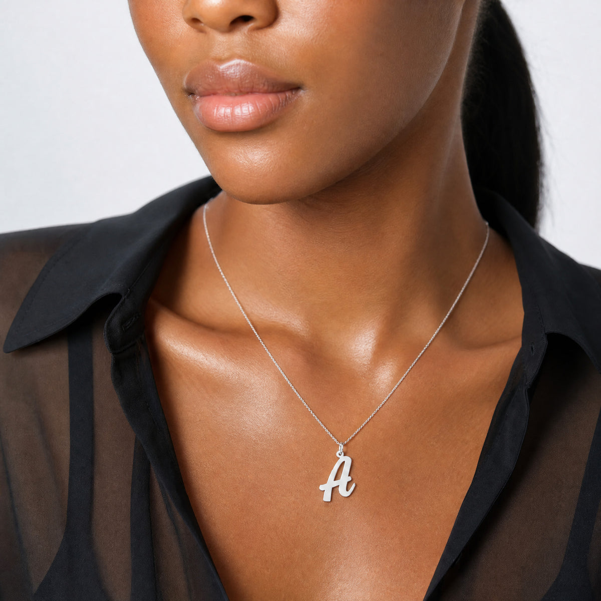 14k White Gold Large Script Letter A Initial Charm - Model Shot
