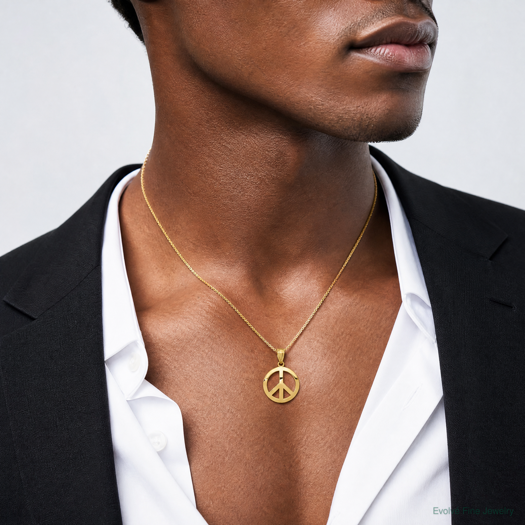 14k Polished Peace Sign Circle Pendant - Model Shot