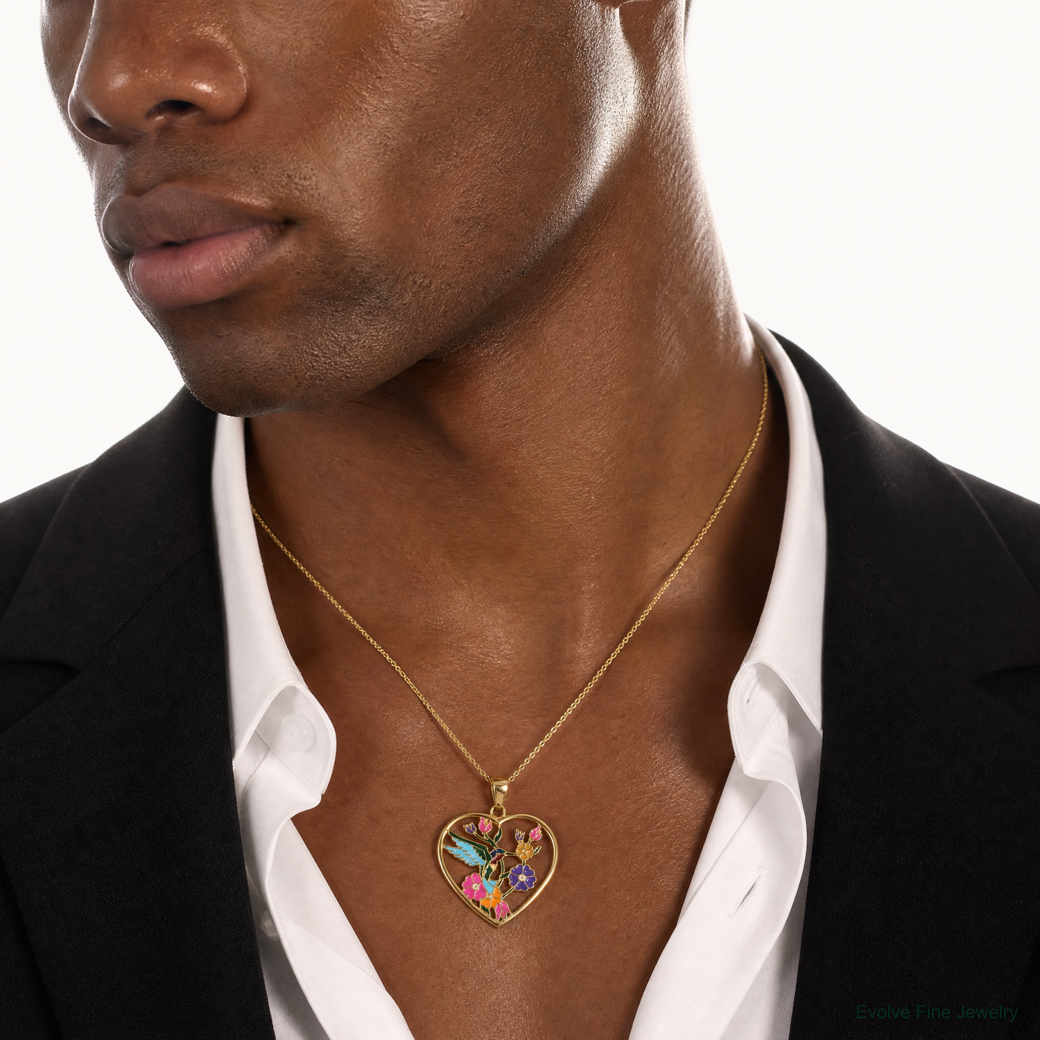 14k Enameled Hummingbird w/Flowers Heart Pendant - Model Shot