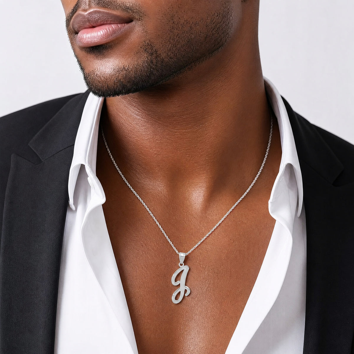 14KW White Gold Script Letter J Initial Pendant - Model Shot