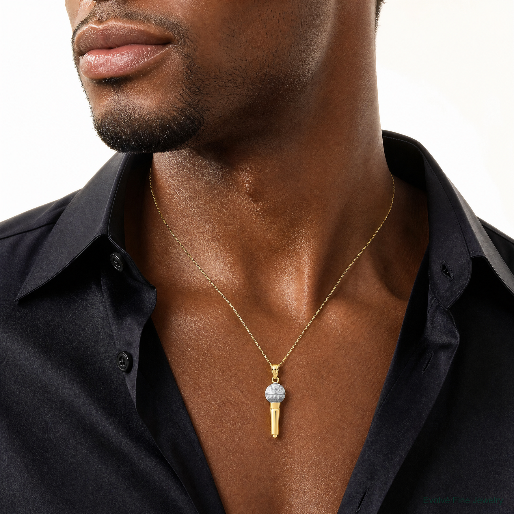 14k and Rhodium Microphone Pendant - Model Shot