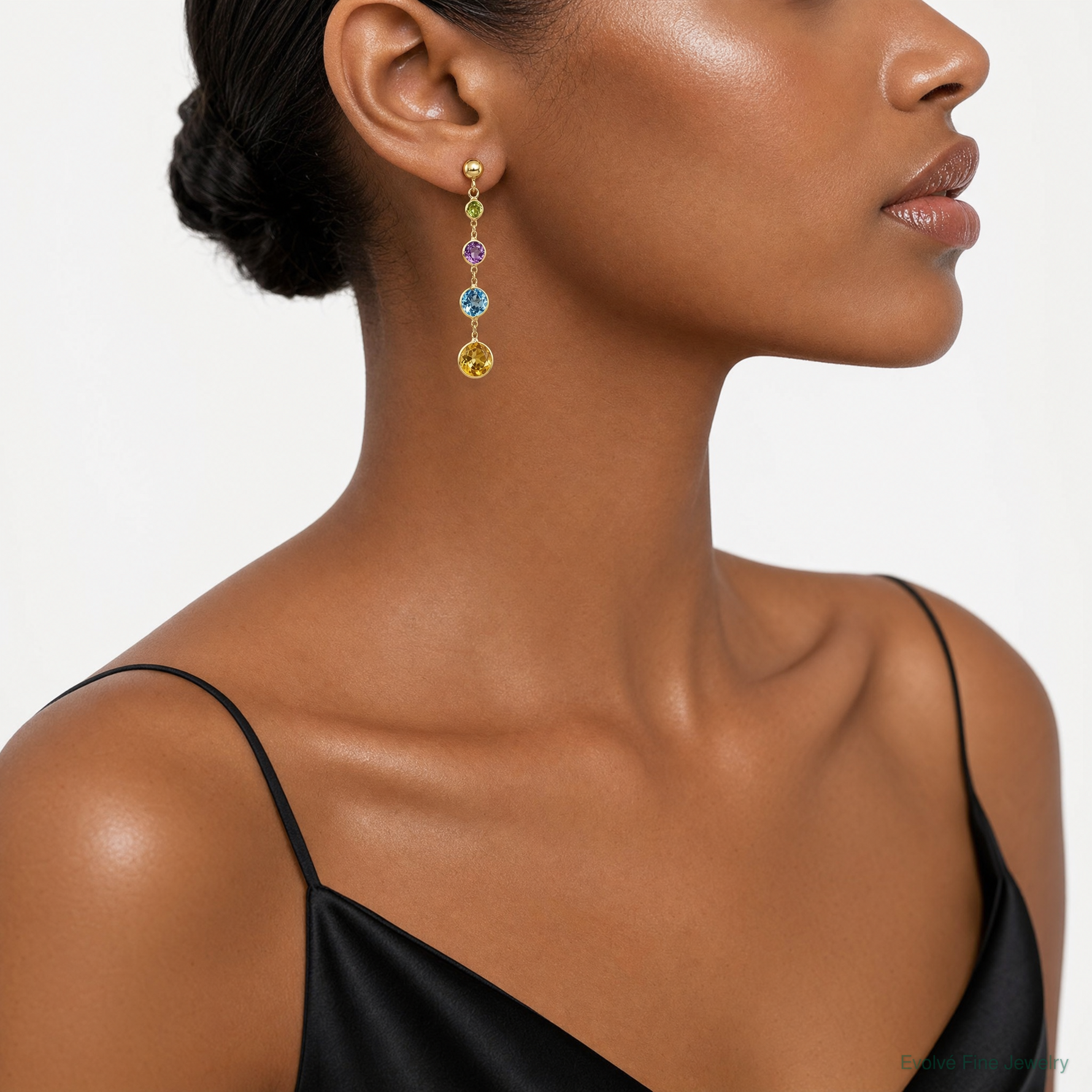 14K Multi-Gemstone Dangle Post Earrings - Model Shot