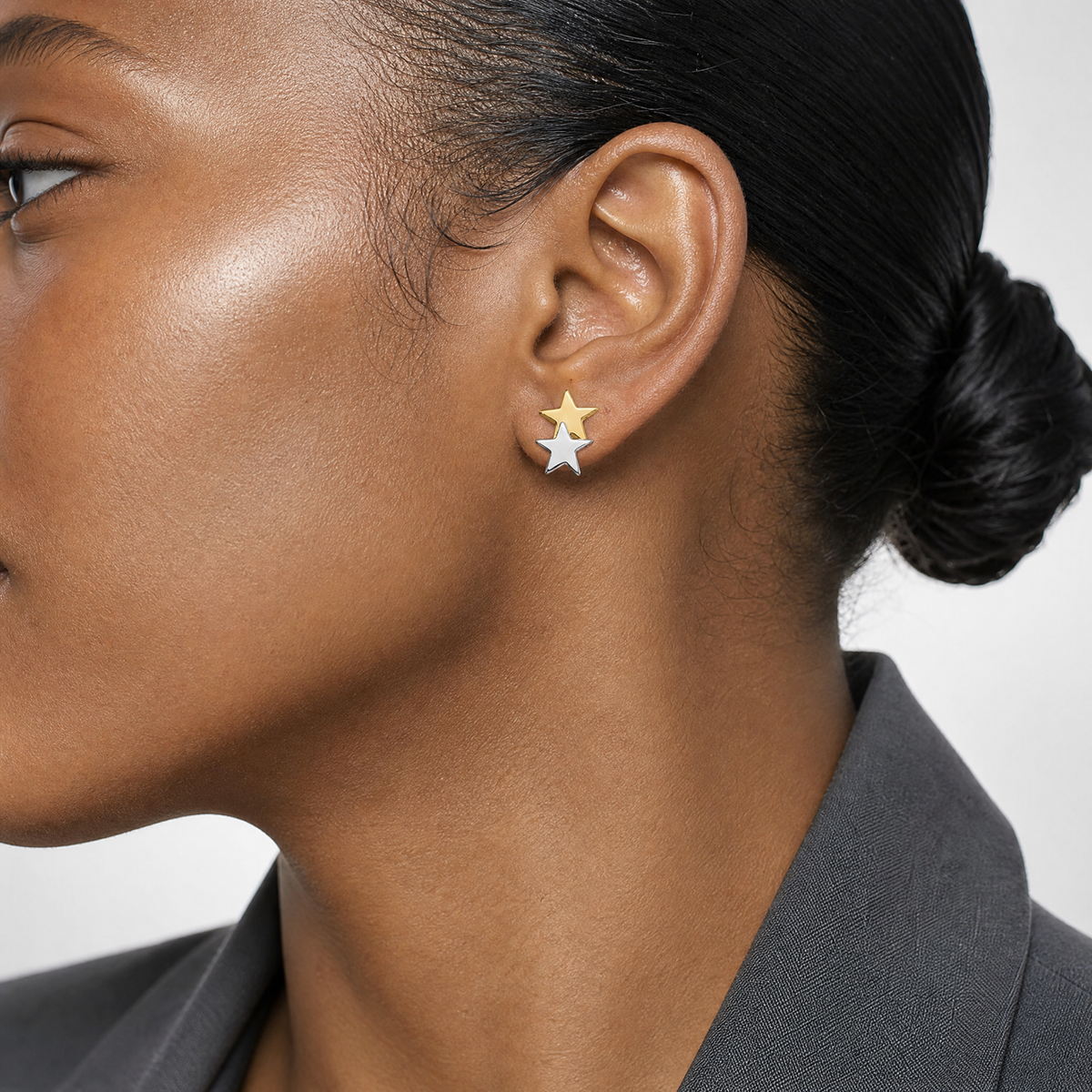 14k with Rhodium Polished Star Post Earrings - Model Shot