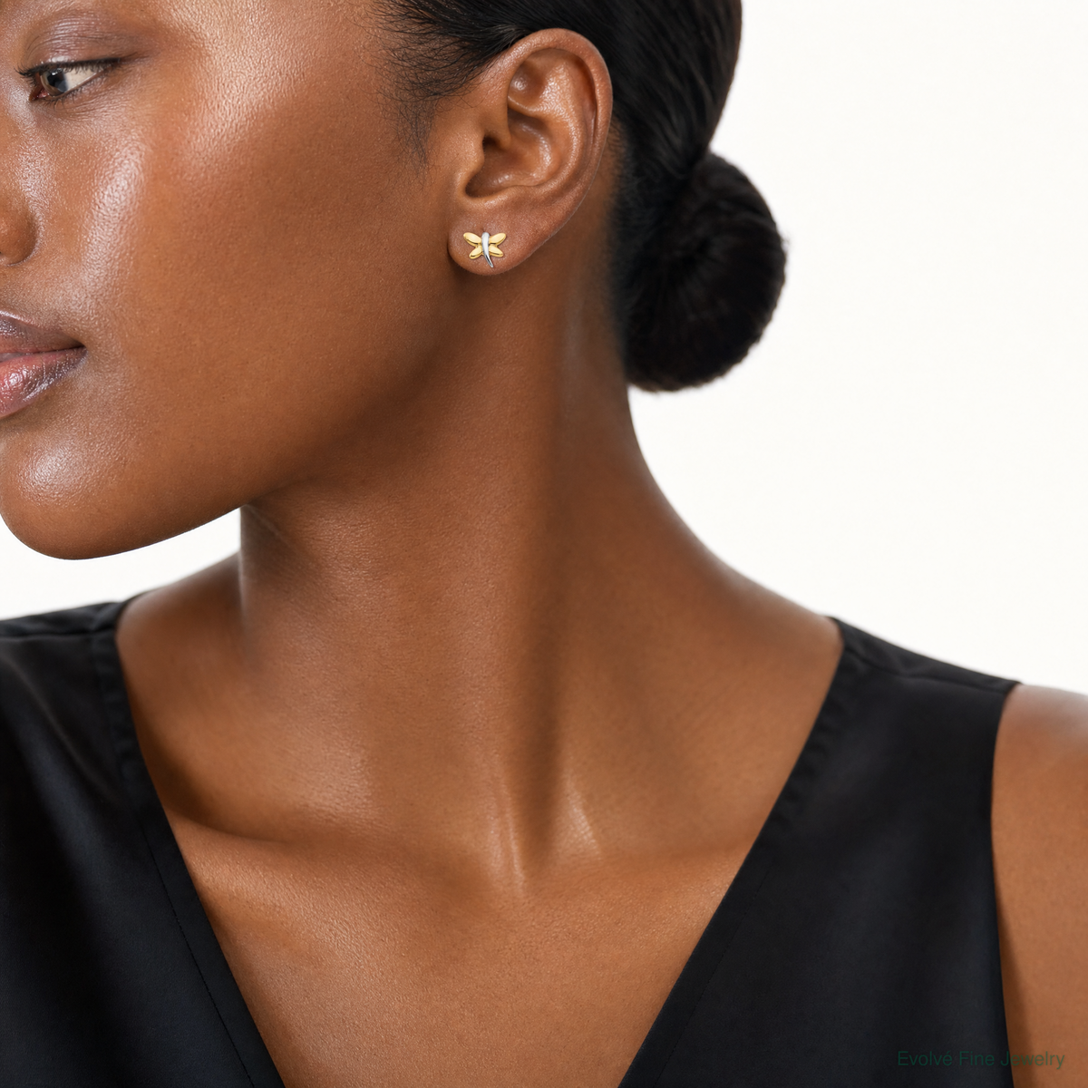 14k with Rhodium Polished Dragonfly Post Earrings - Model Shot