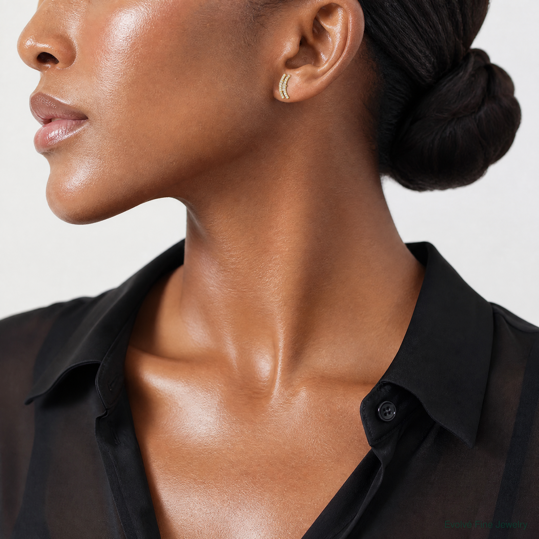 14K Polished Curved Bar CZ Post Earrings - Model Shot