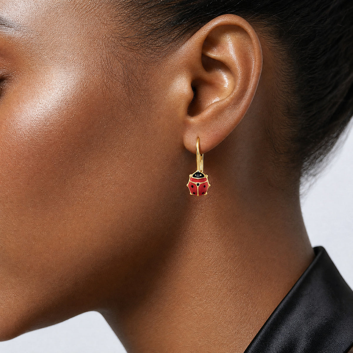 14k Polished Enameled Ladybug Leverback Earrings - Model Shot