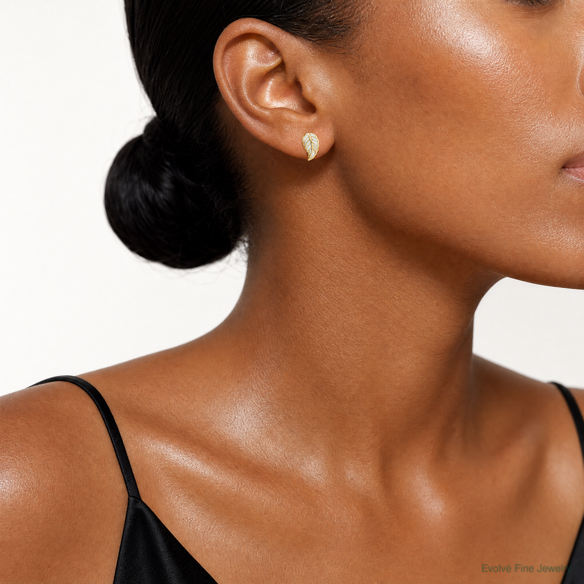 14K Two Tone Leaf Post Earrings - Model Shot
