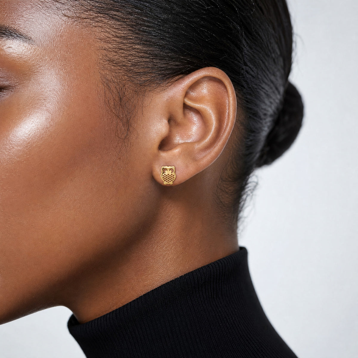 14K Gold Textured Owl Post Earrings - Model Shot