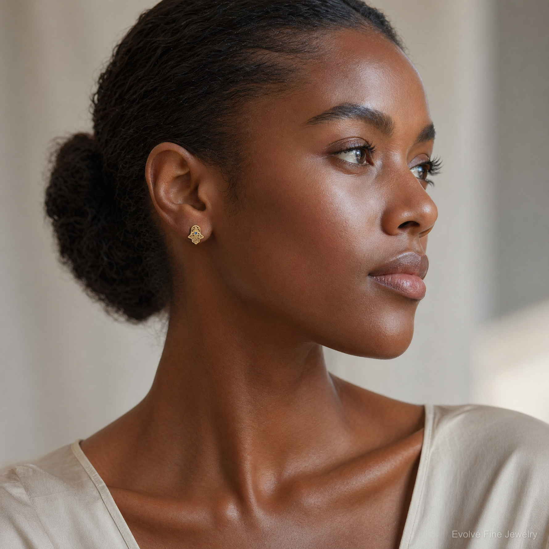 14k Blue Glass Stone Hamsa Post Earrings - Model Shot