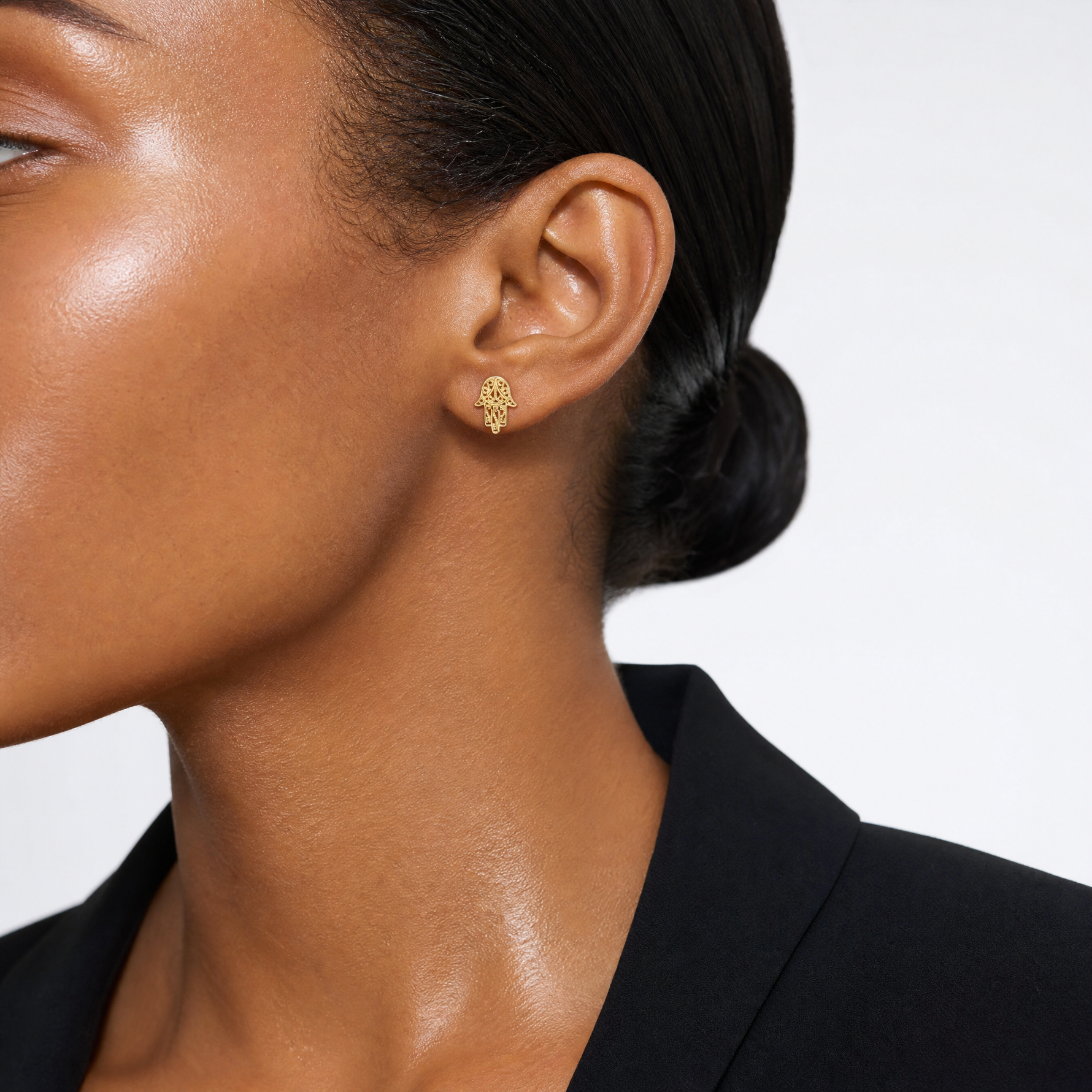 14k Hamsa Post Earrings - Model Shot