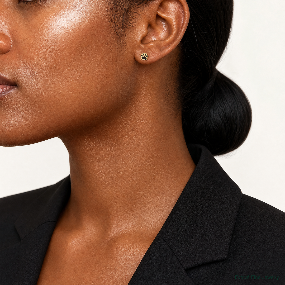 14K Polished Paw with Black Enamel Post Earrings - Model Shot