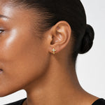 14K Polished and D/C CZ Cross Post Earrings - Model Shot