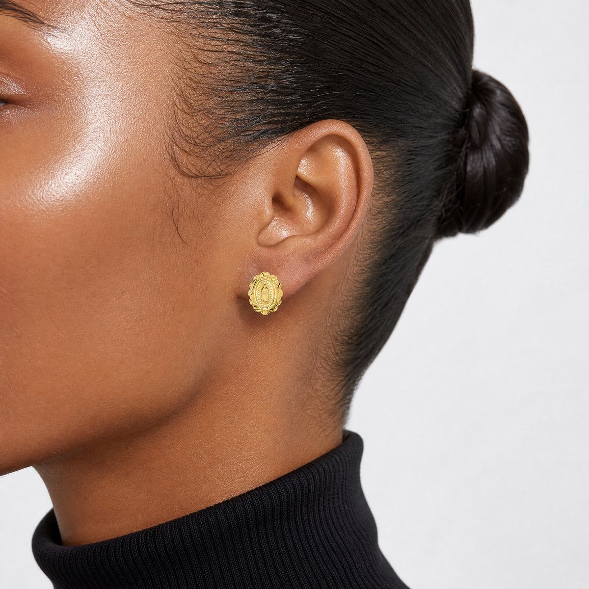 14K Diamond Cut Miraculous Medal Post Earrings - Model Shot