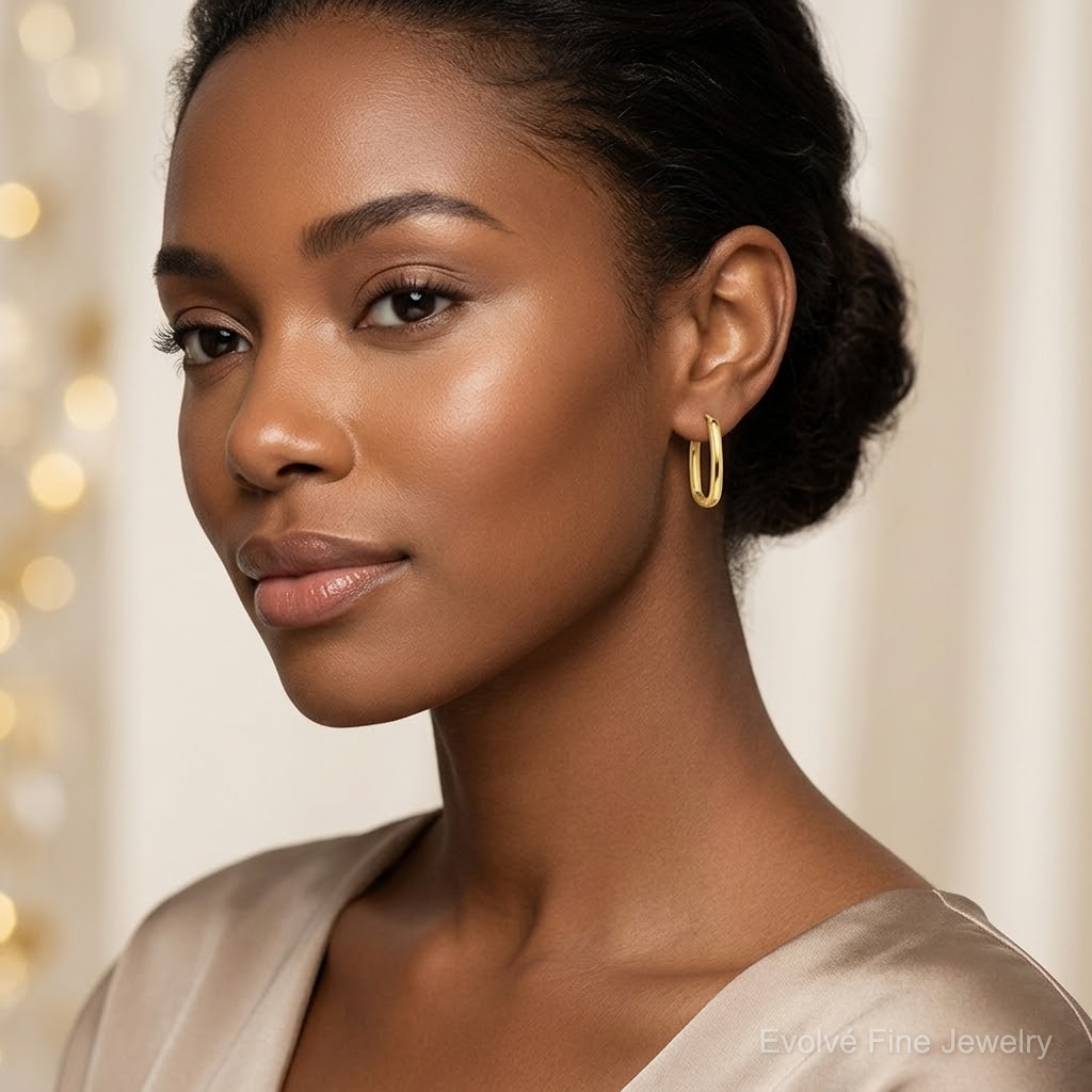 14k Polished Oval Hinged Hoop Earrings - Model Shot