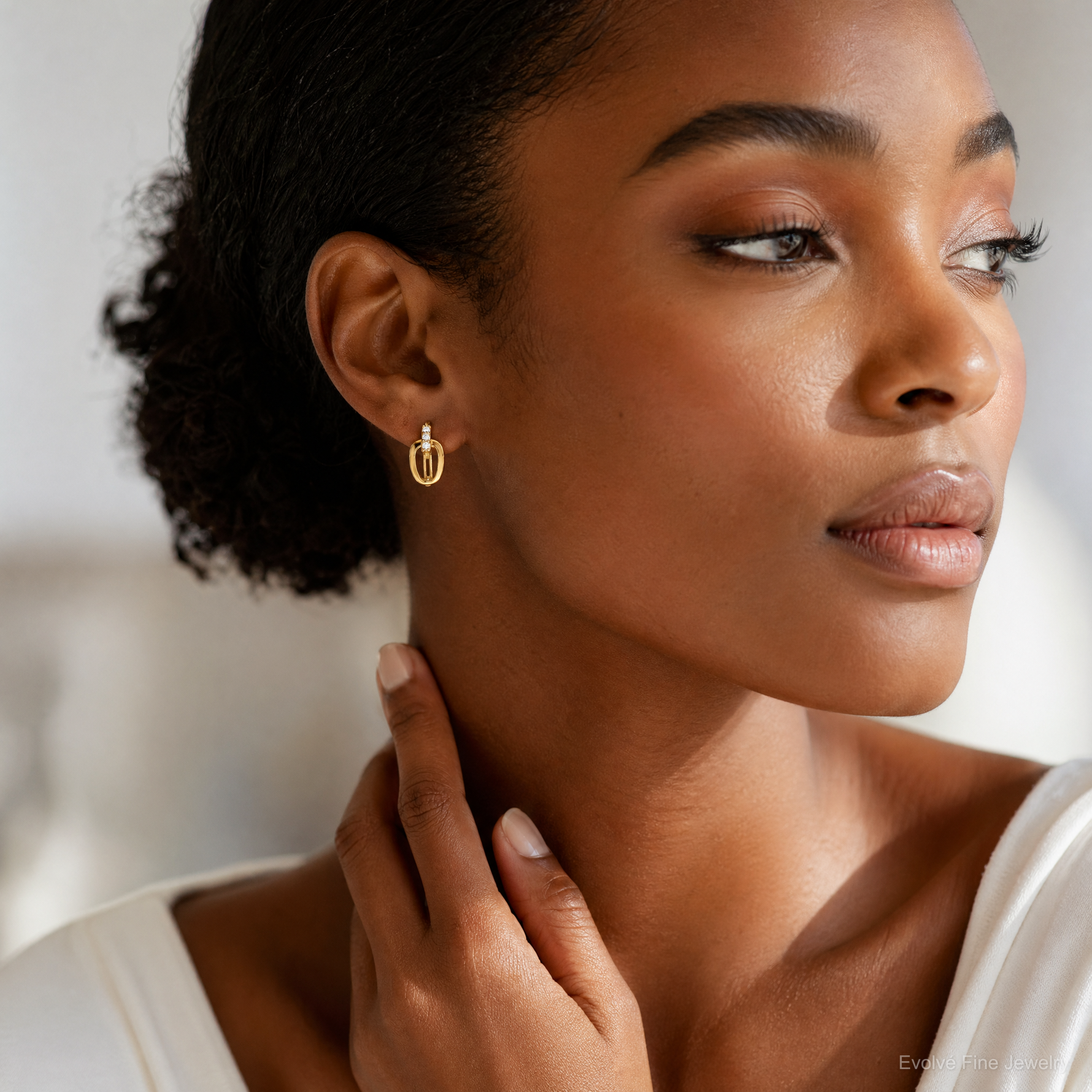 14k Polished Fancy CZ Hinged Round Hoop Earrings - Model Shot