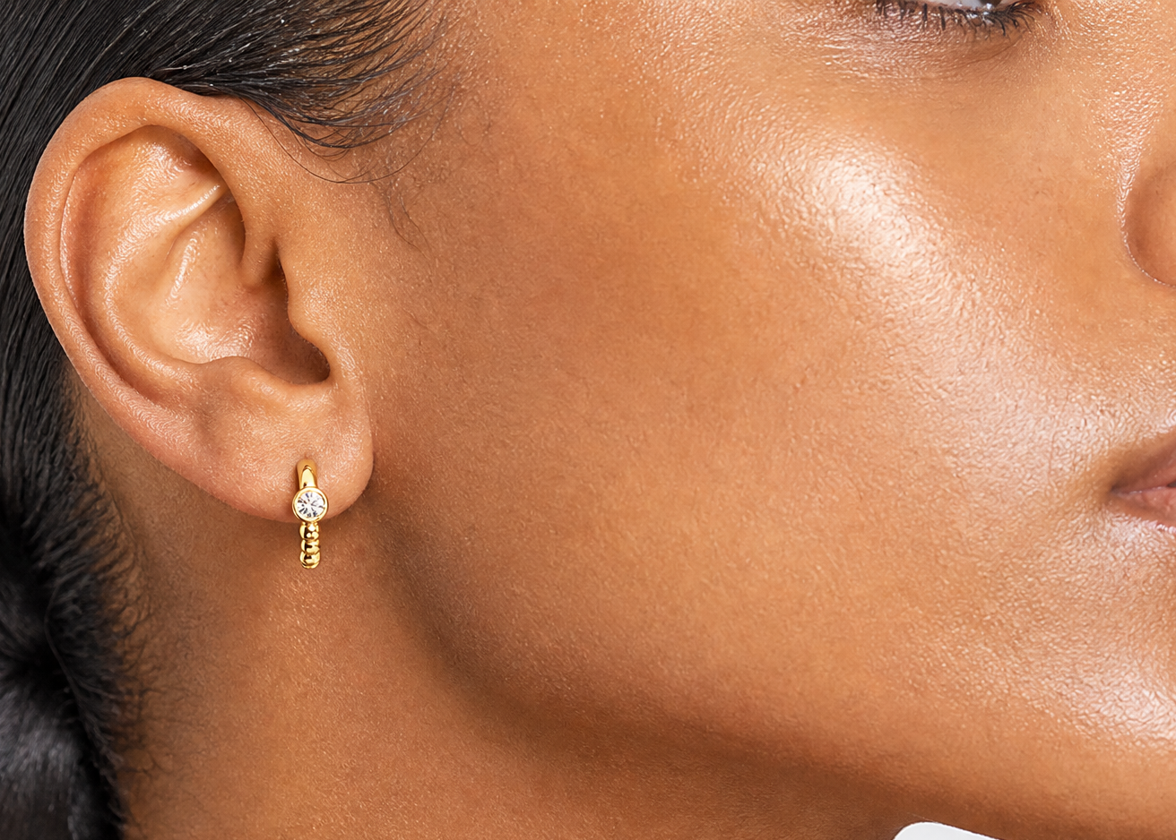 14k Polished and Beaded CZ Post C-Hoop Earrings - Model Shot