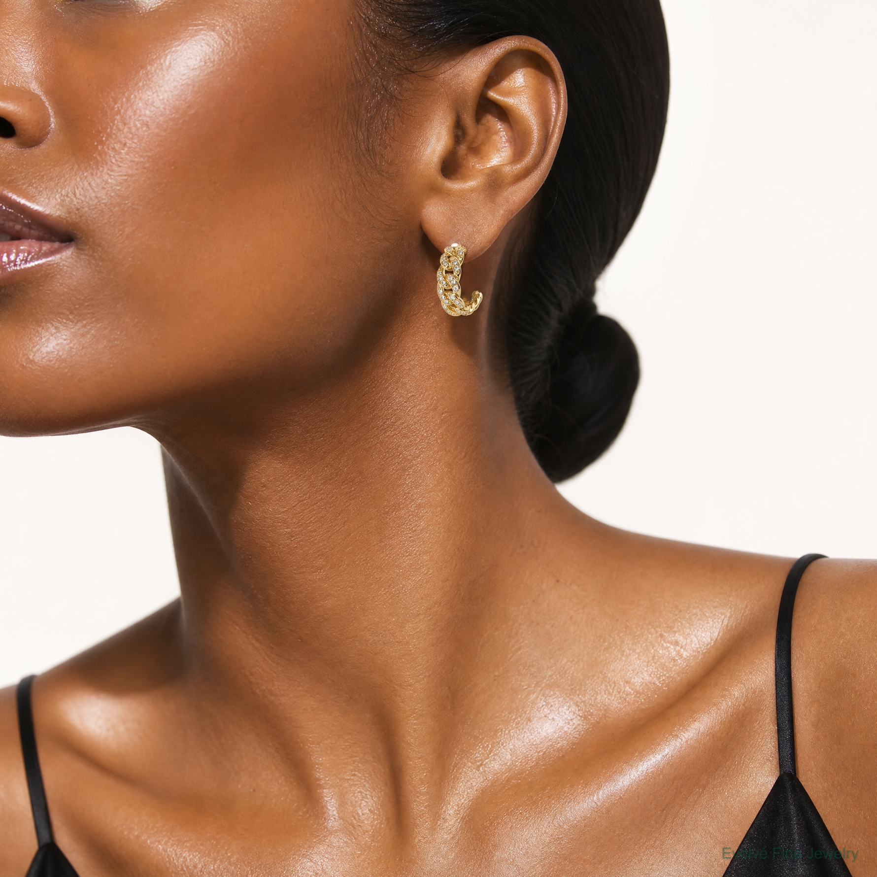 14k Polished CZ Curb Link Post C-Hoop Earrings - Model Shot
