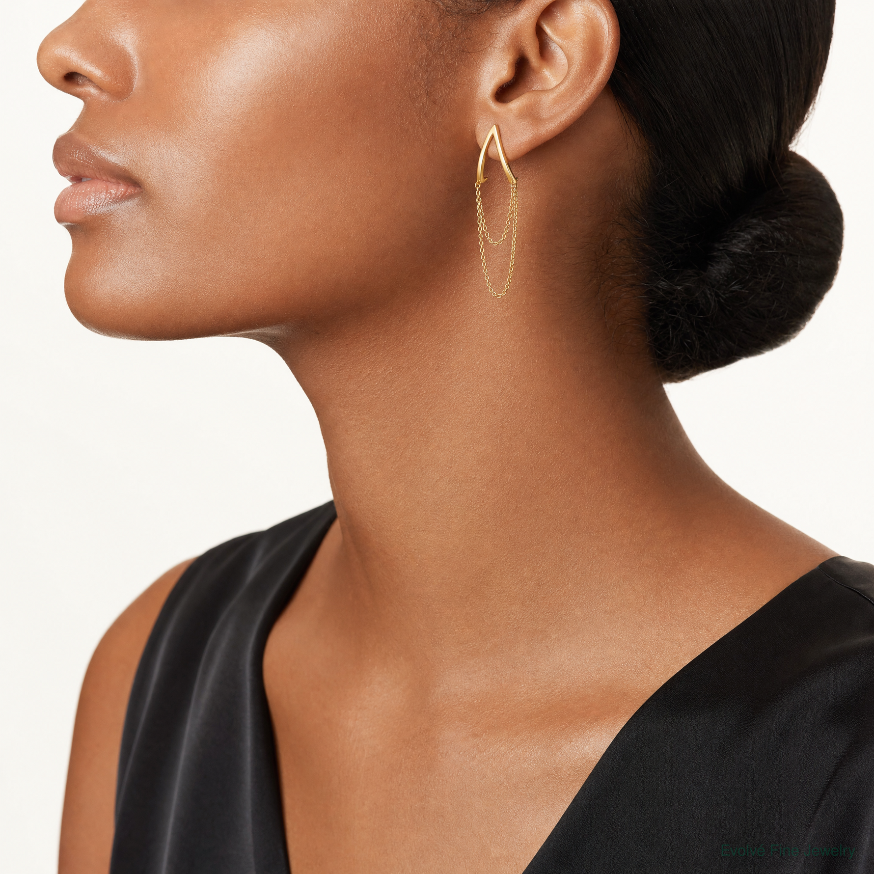 14k Polished V Design with Dangle Chain Post Earrings - Model Shot