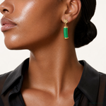 14K Polished Good Luck Symbol Jade Domed Bar Post Dangle Earrings - Model Shot