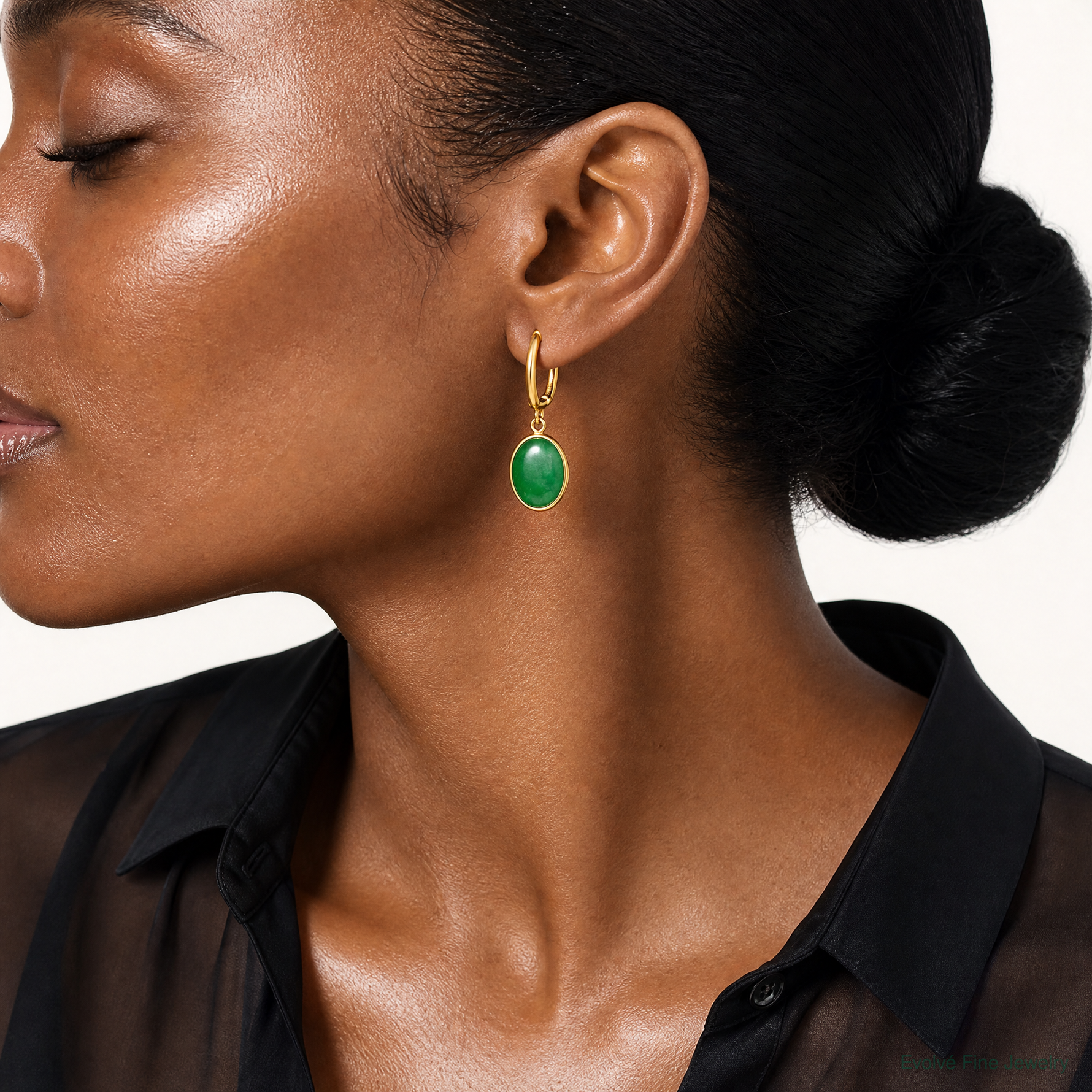 14K Polished Oval Jade Dangle Hinged Hoop Earrings - Model Shot