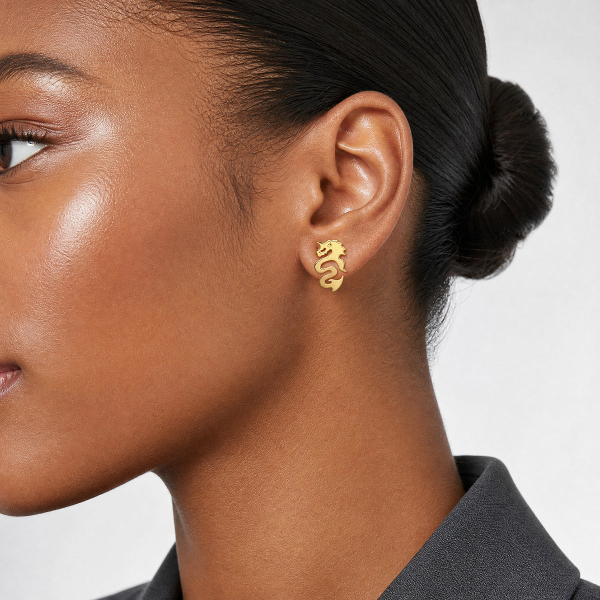 14k Polished Dragon Post Earrings - Model Shot