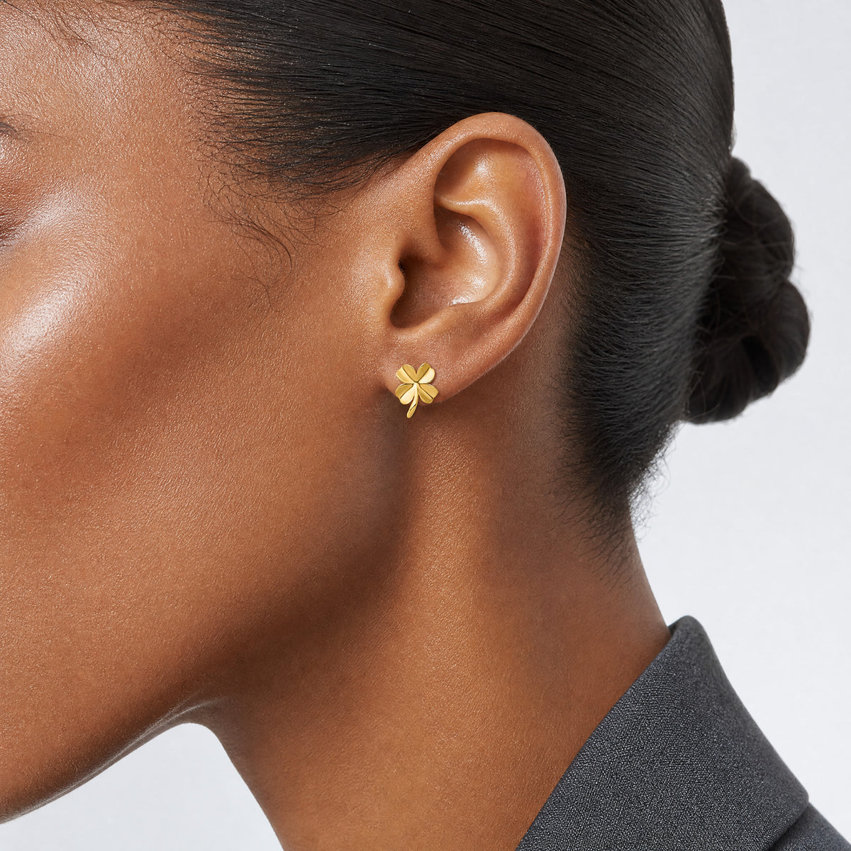 14k Polished Four Leaf Clover Post Earrings - Model Shot