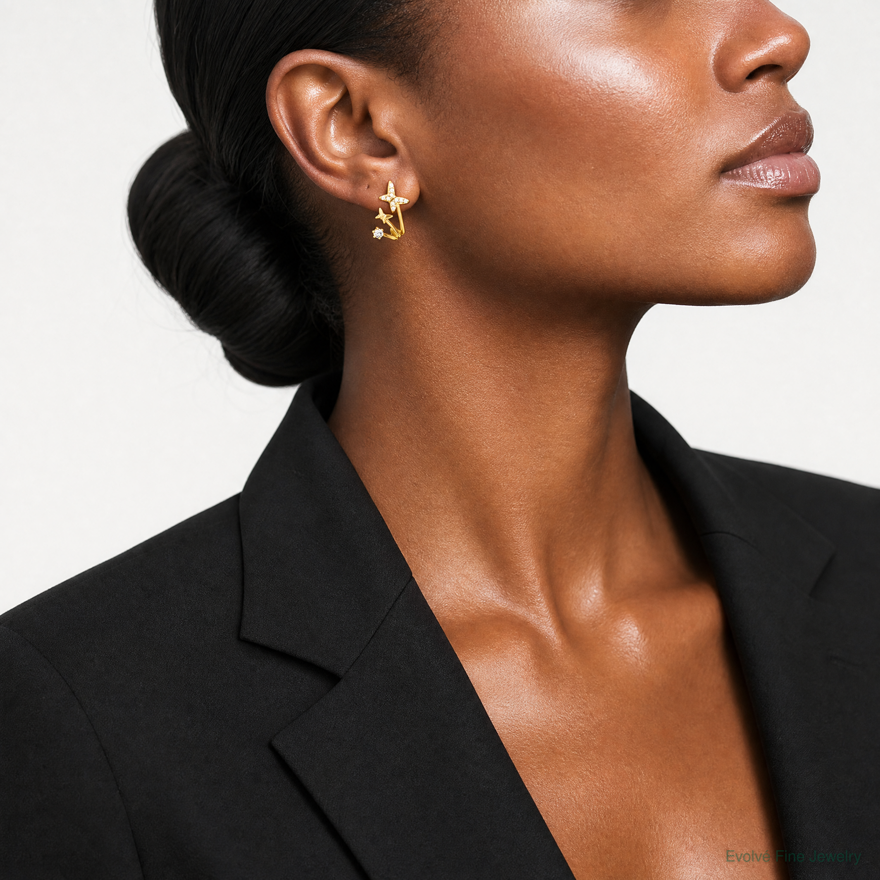 14k Polished CZ Double Butterfly Post Cuff Earrings - Model Shot
