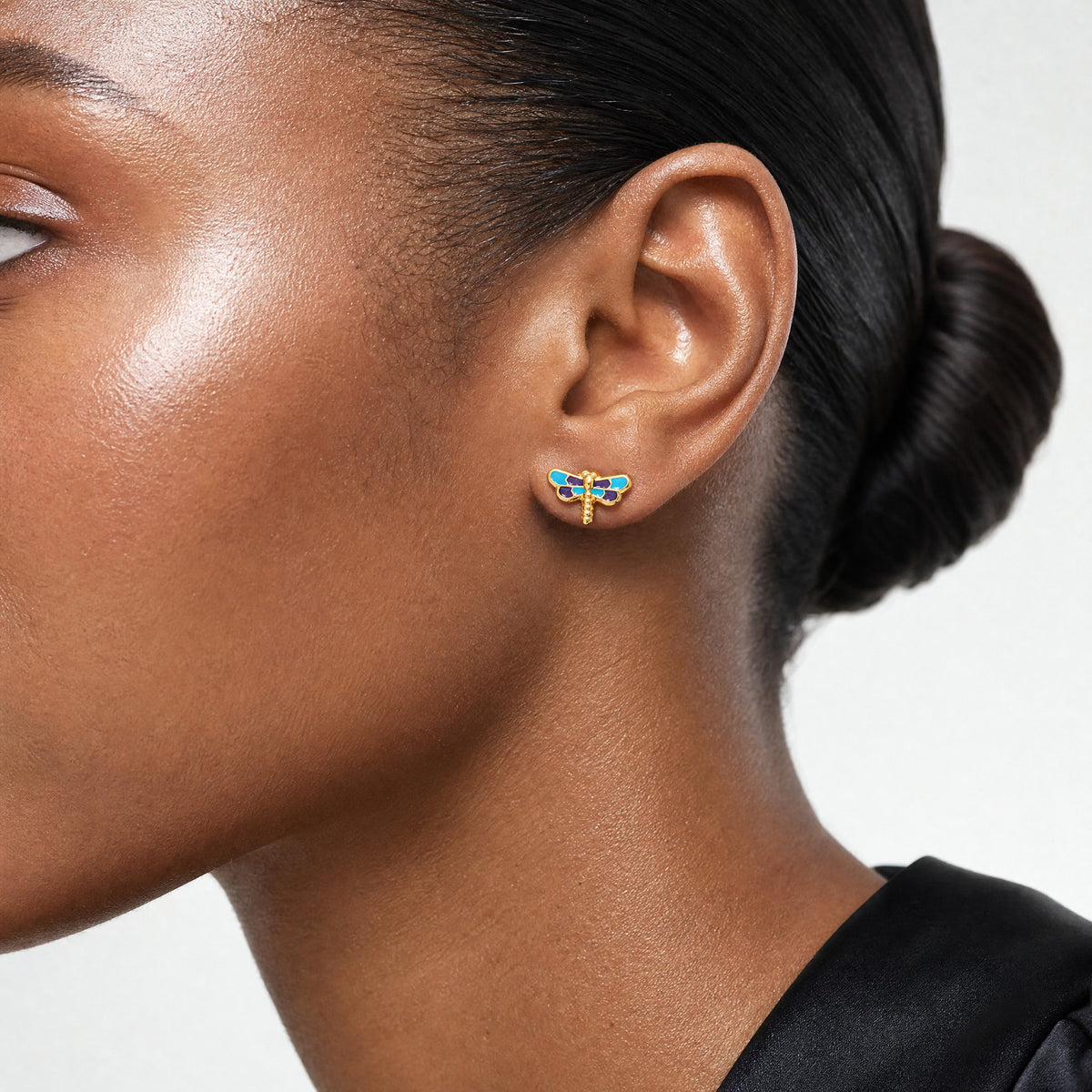 14k Enameled Dragonfly Earrings - Model Shot