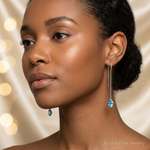 14k White Gold Blue Topaz Pear Bezel Threader Earrings - Model Shot