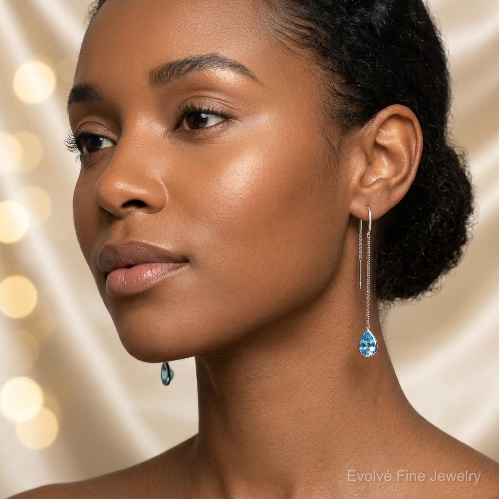 14k White Gold Blue Topaz Pear Bezel Threader Earrings - Model Shot