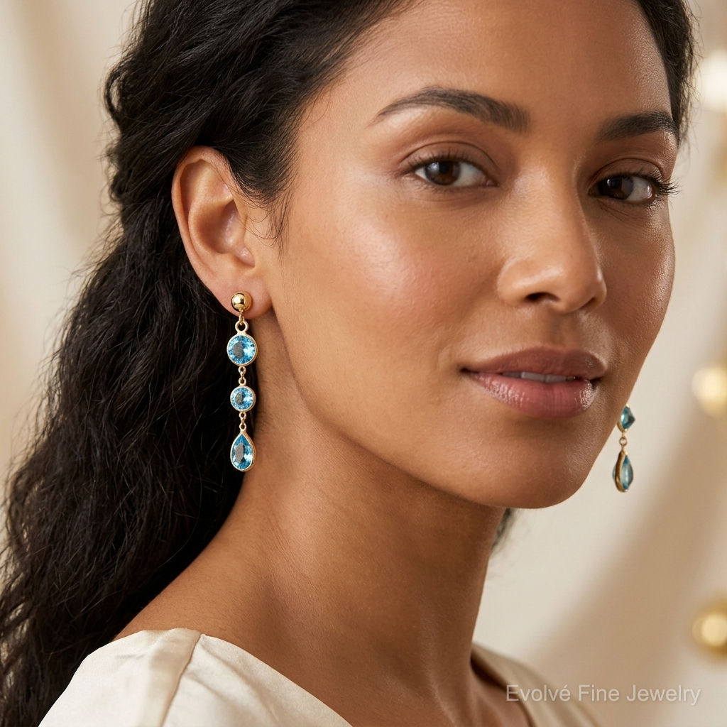 14k Blue Topaz Gemstone Dangle Earrings - Model Shot