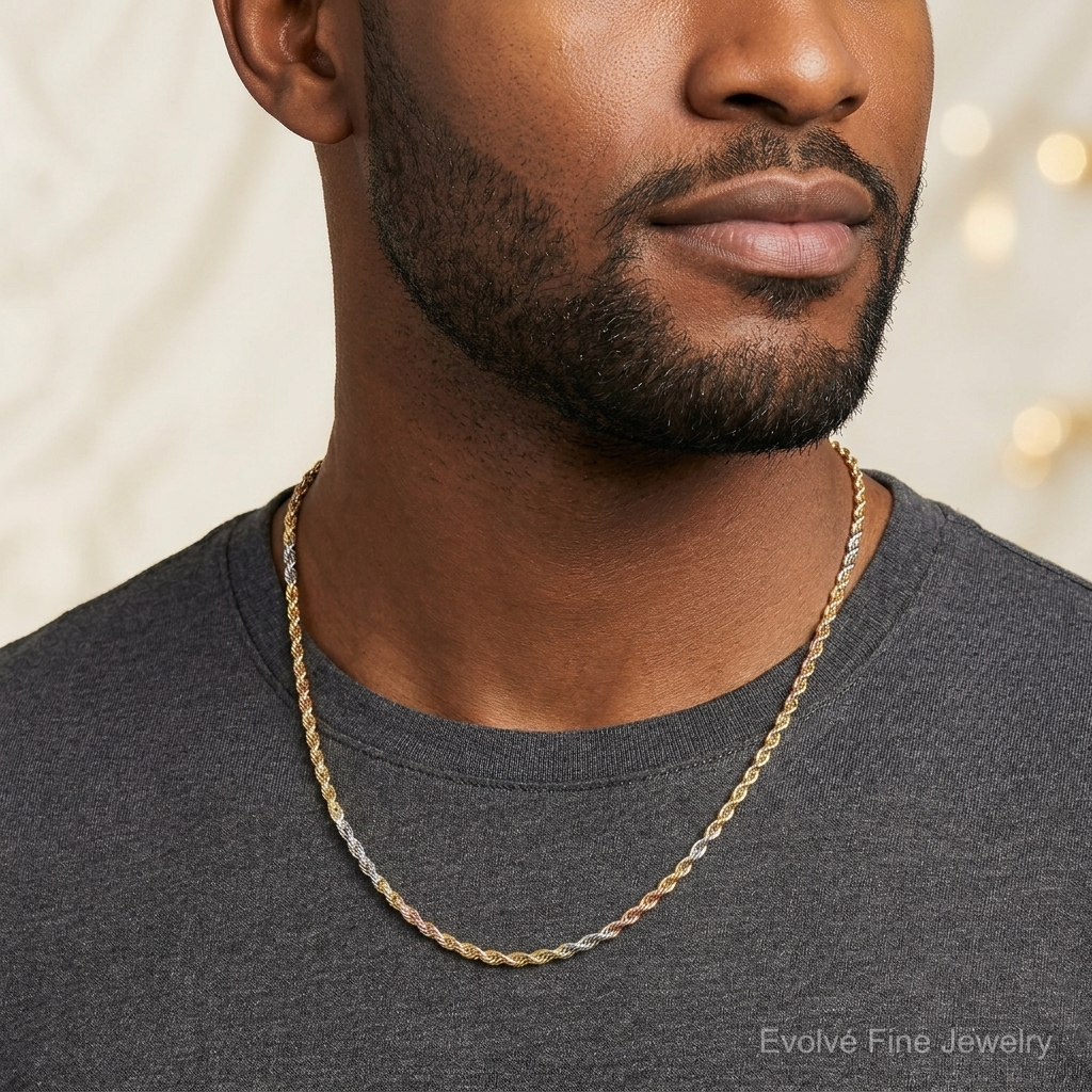 14k Tri-Color 1.5mm D/C Rope Chain - Model Shot