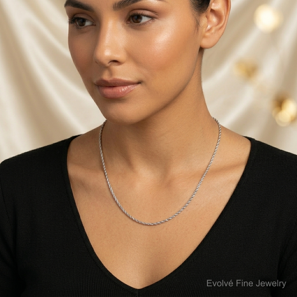 14k White Gold 2.25mm D/C Rope with Lobster Clasp Chain - Model Shot