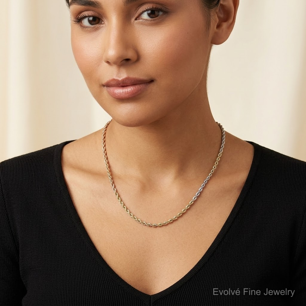 14k Tri-Color 3mm D/C Rope Chain - Model Shot
