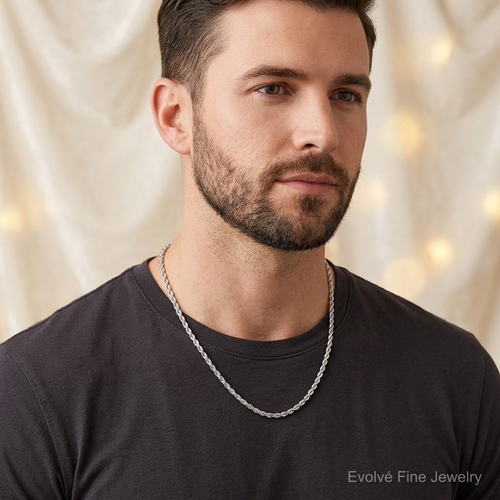 14k White Gold 3.25mm D/C Rope with Lobster Clasp Chain - Model Shot