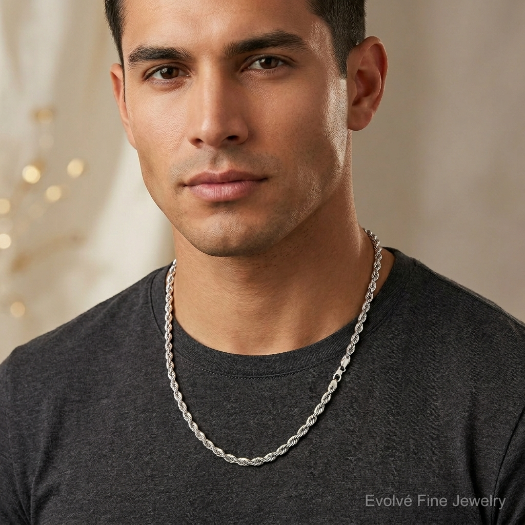 14k White Gold 4.5mm D/C Rope with Lobster Clasp Chain - Model Shot