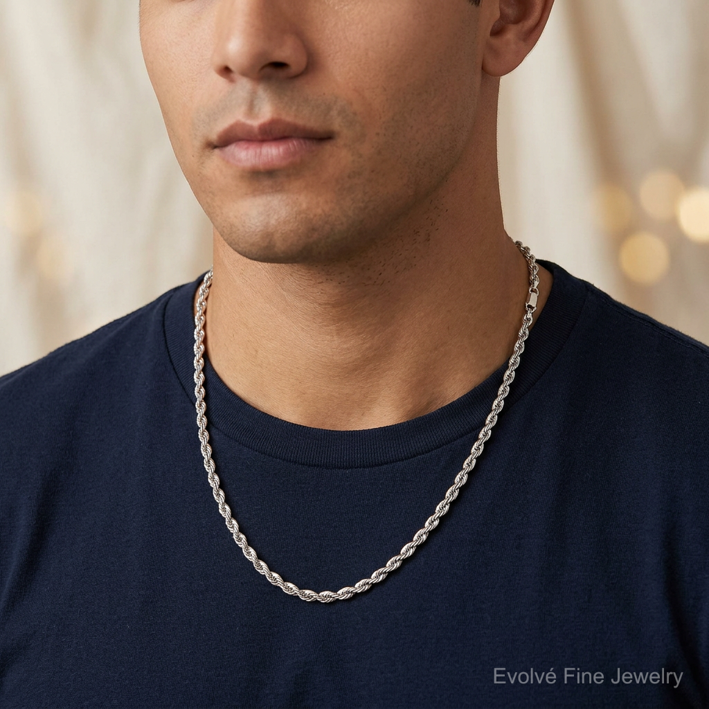 14k White Gold 5.5mm D/C Rope with Lobster Clasp Chain - Model Shot