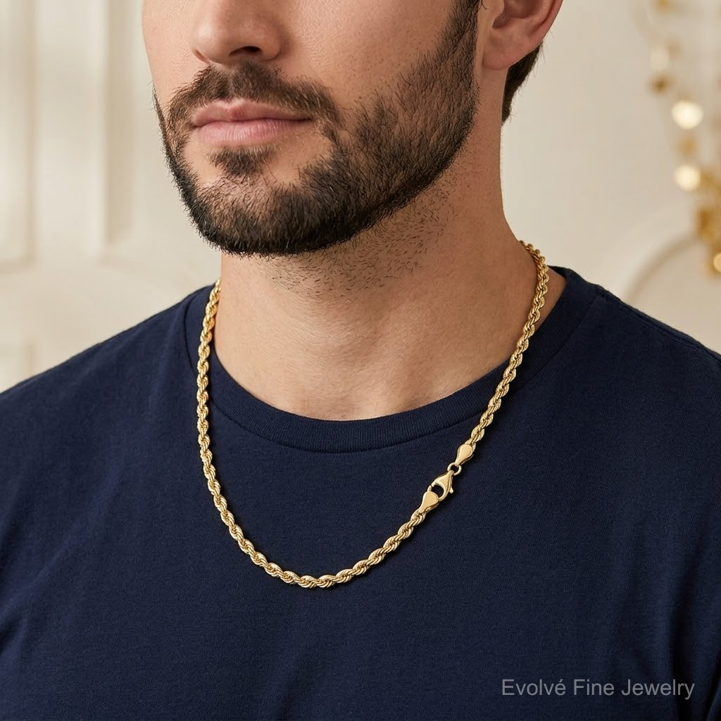 14K 6.5mm  D/C Rope with Fancy Lobster Clasp Chain - Model Shot