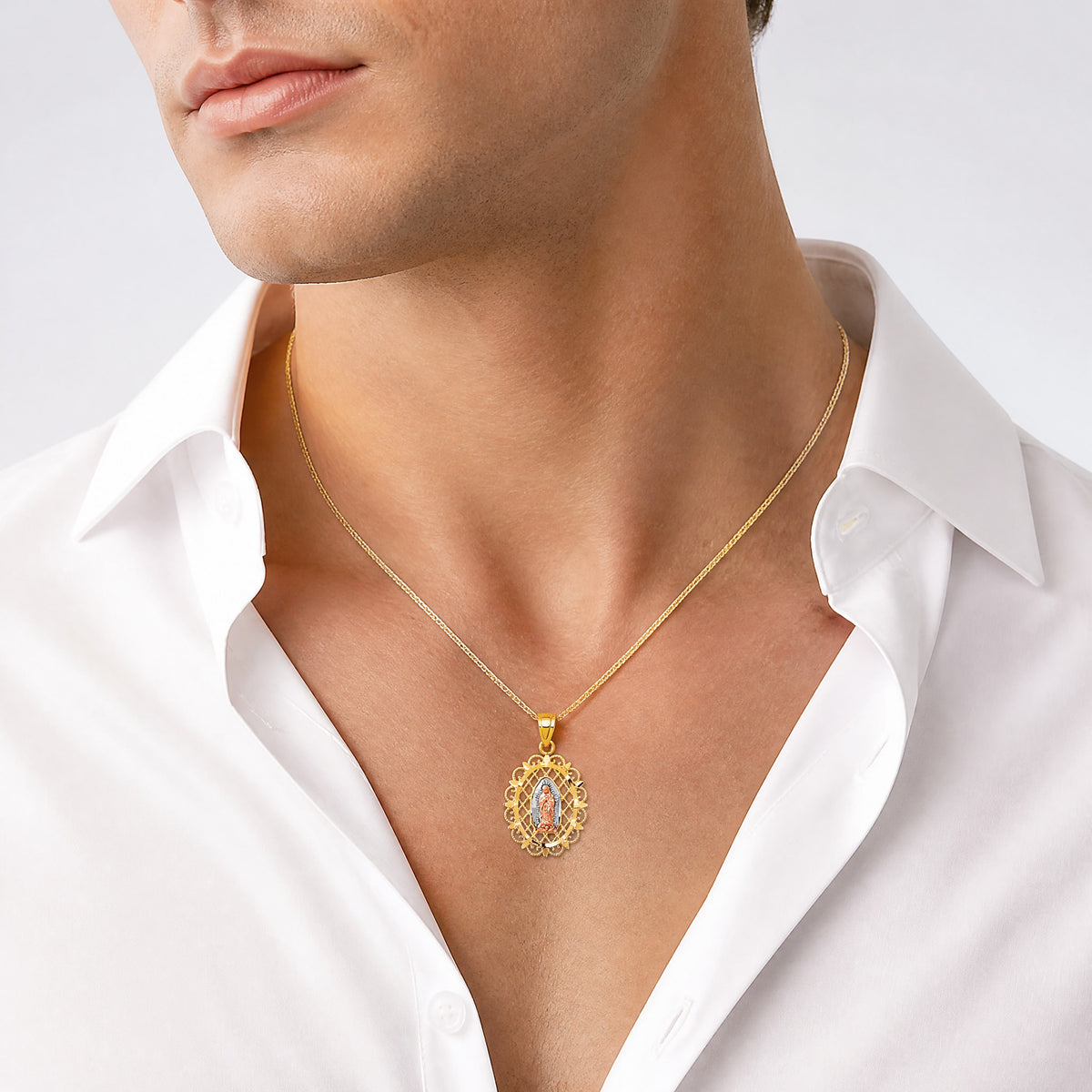 10k Two-tone with White Rhodium Our Lady of Guadalupe Pendant - Model Shot