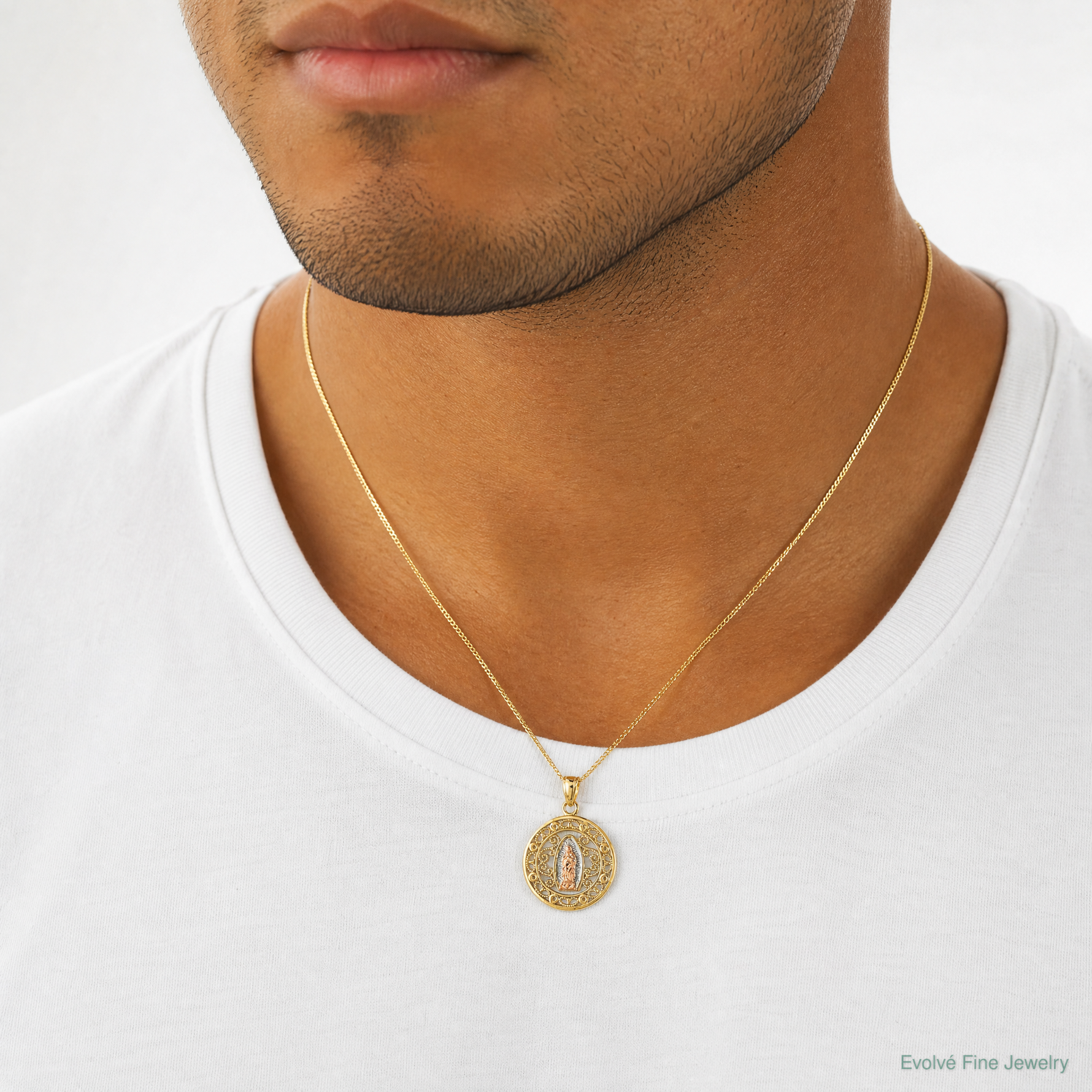 10k Two-tone with White Rhodium Our Lady of Guadalupe Pendant - Model Shot