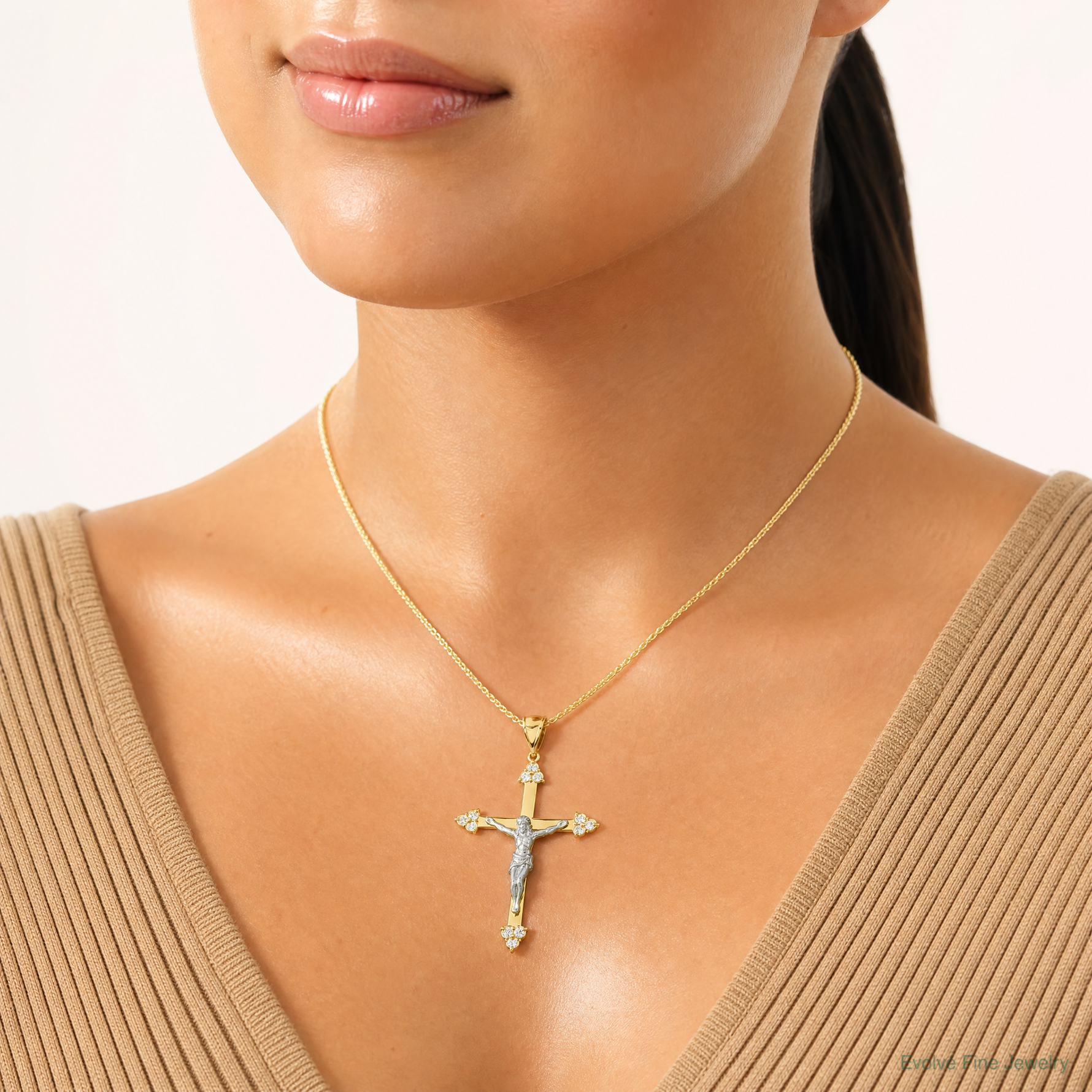 10K w/Rhodium CZ Crucifix Pendant - Model Shot