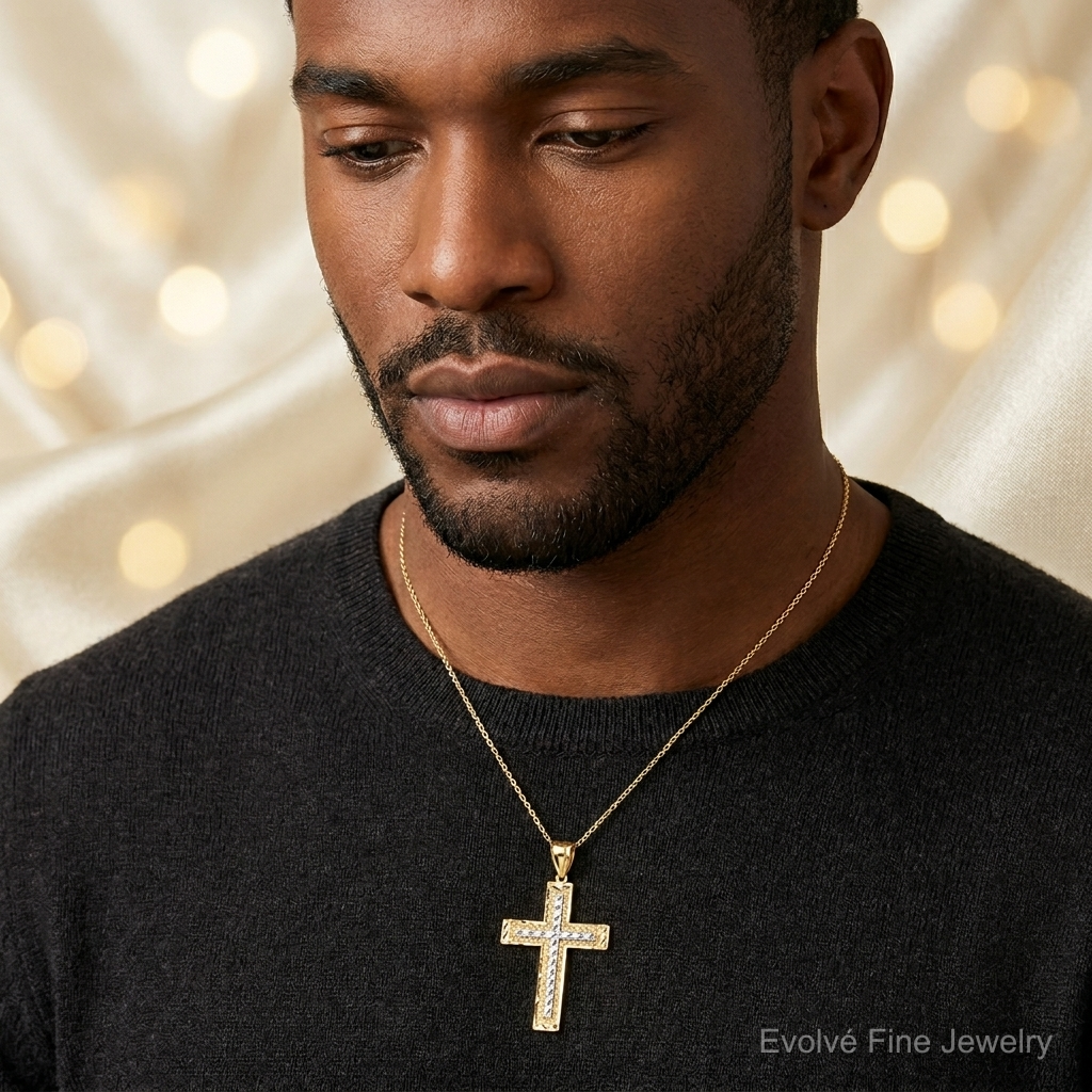 10K w/ Rhodium Diamond-Cut Cross Pendant - Model Shot