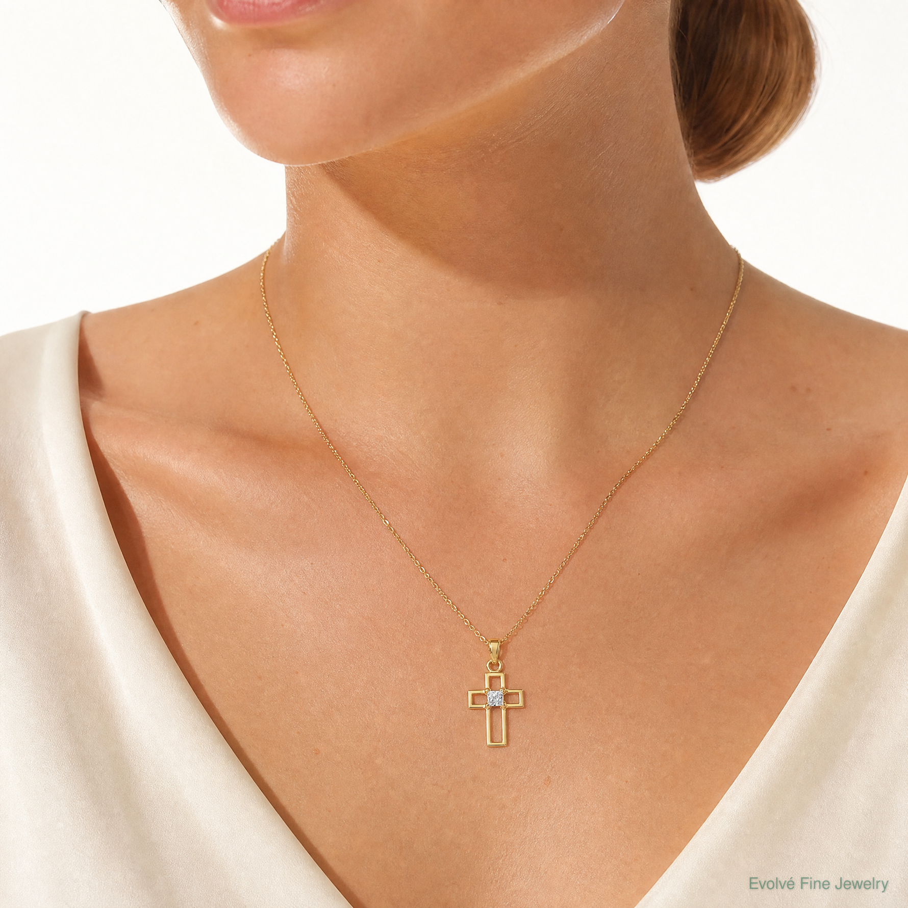 10k Small CZ Cross Pendant - Model Shot