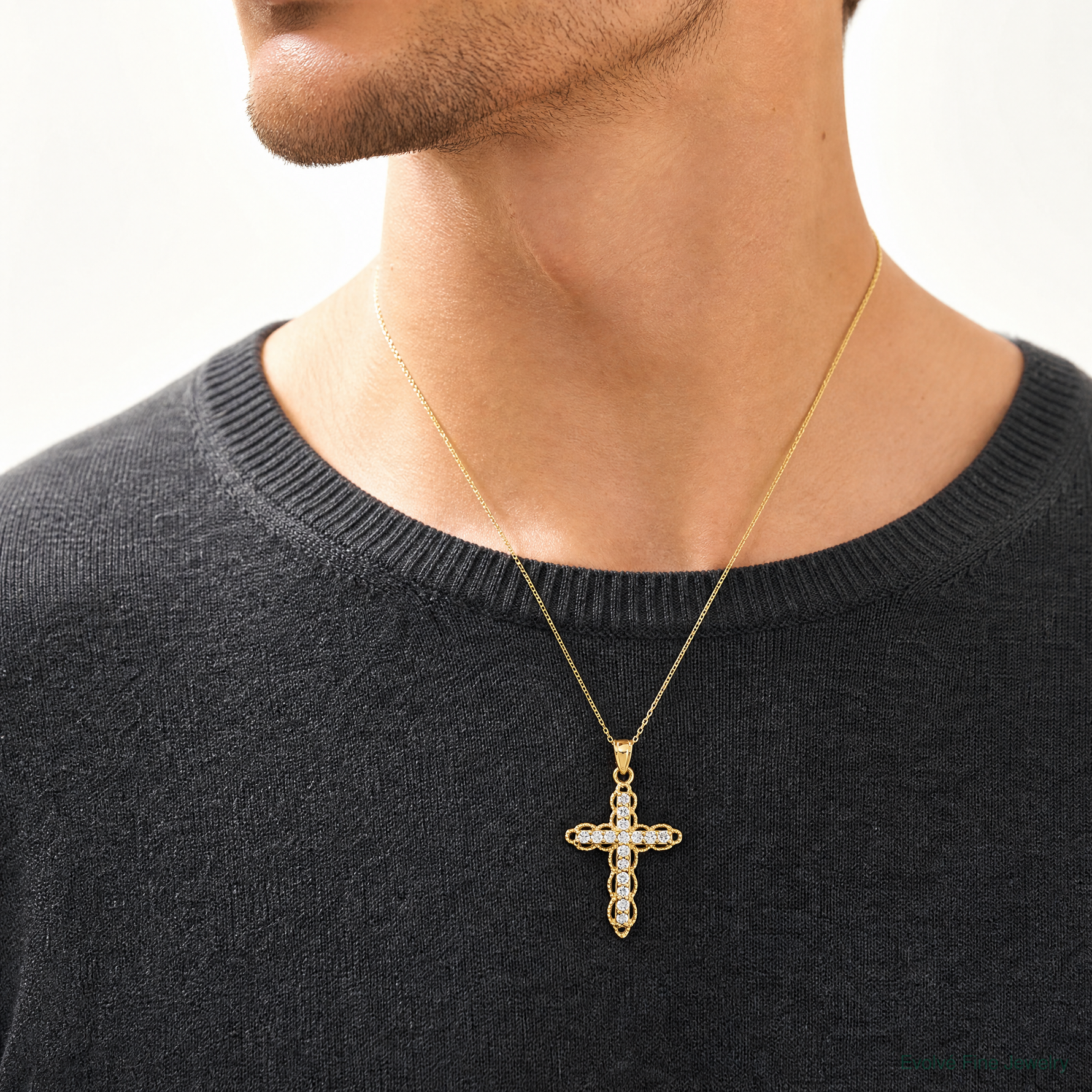 10k CZ Filigree Cross Pendant - Model Shot