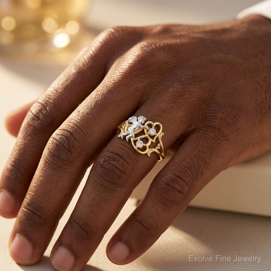 10k & Rhodium CZ Angel w/Hearts Ring - Model Shot
