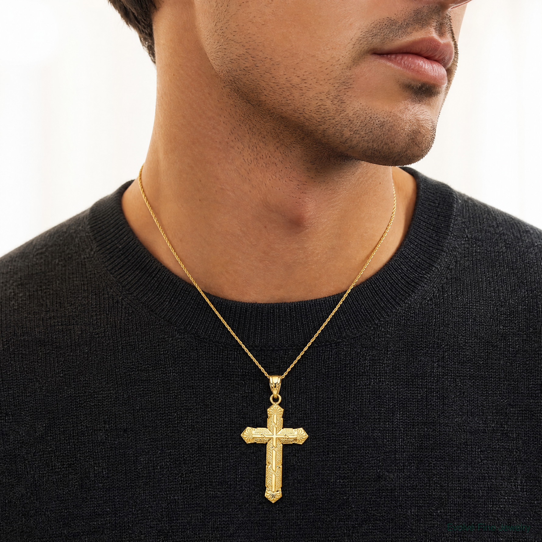 10k Passion Cross Pendant - Model Shot