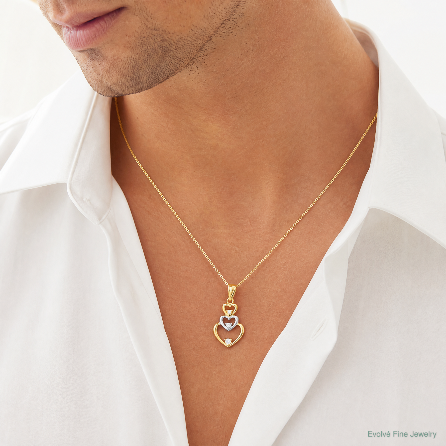 10K w/Rhodium CZ 3-Heart Pendant - Model Shot
