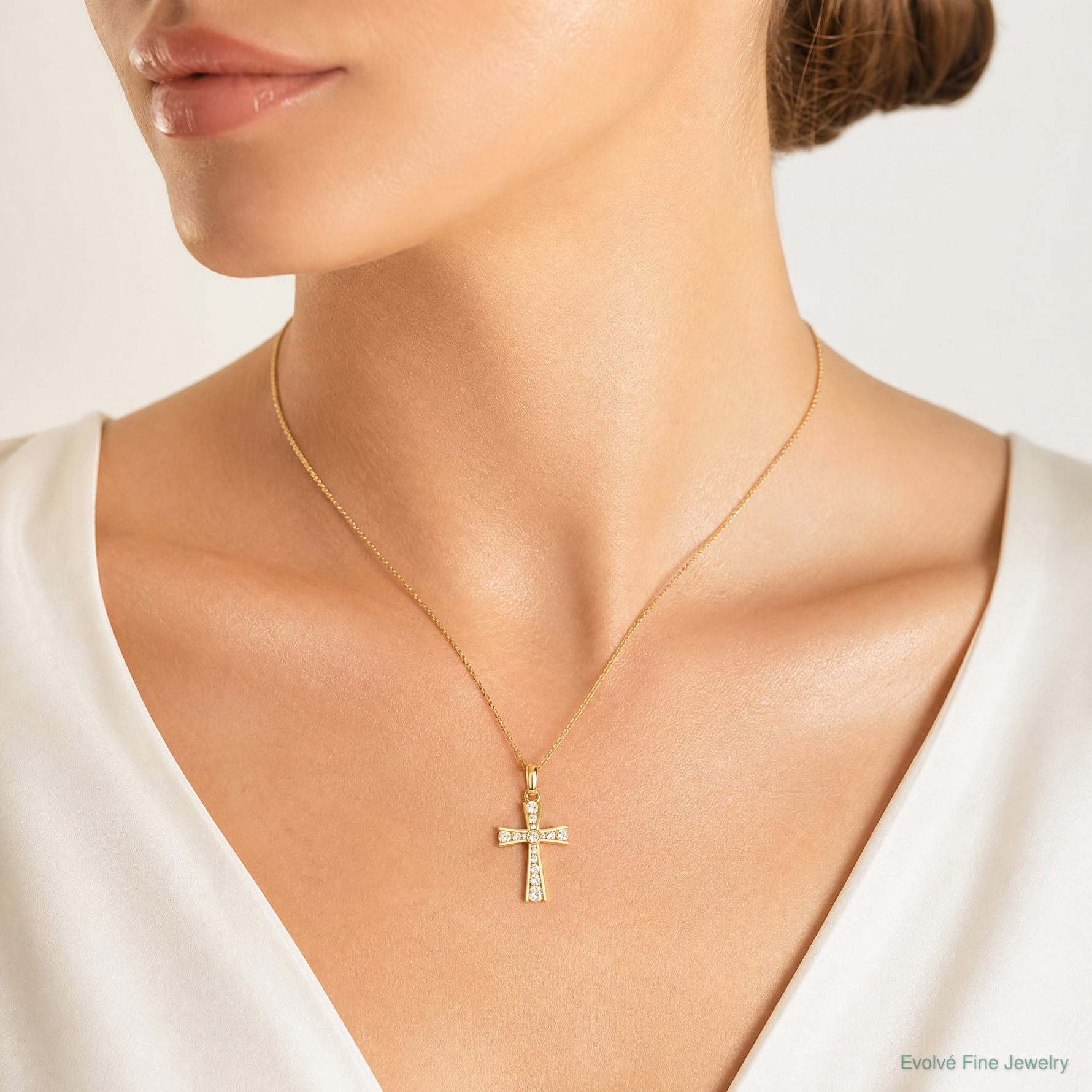 10K Polished CZ Latin Cross Pendant - Model Shot